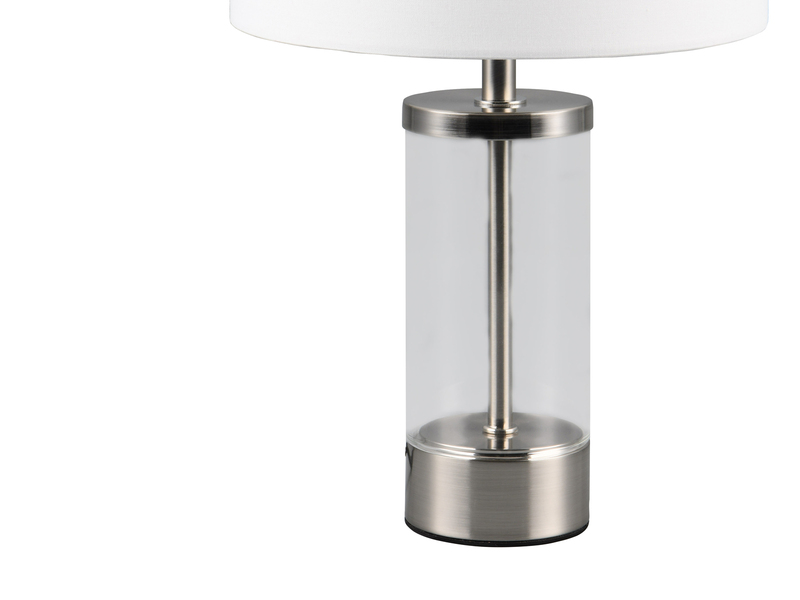 LED Tischleuchte Silber mit Glasfuß und Stoffschirm Weiß, Höhe 33cm
