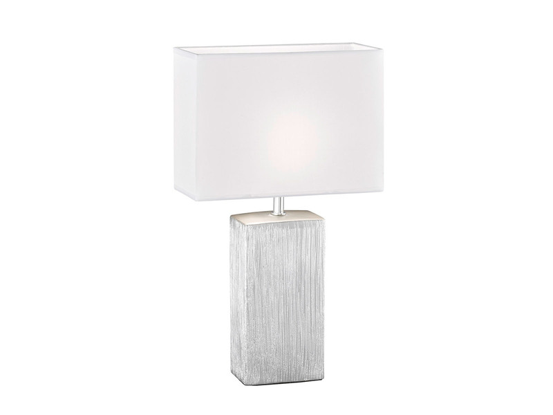 LED Tischlampe eckig, Keramikfuß Silber Antik & Stoffschirm Weiß, 50cm groß