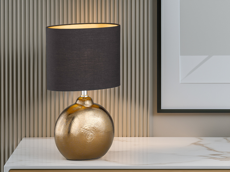 Tischleuchte FORO, Keramikfuß Bronze Antik & Stoffschirm Schwarz Gold, Höhe 39cm
