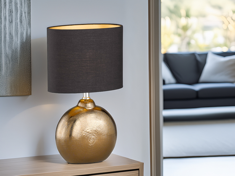 Tischleuchte FORO, Keramikfuß Bronze Antik & Stoffschirm Schwarz Gold, Höhe 39cm
