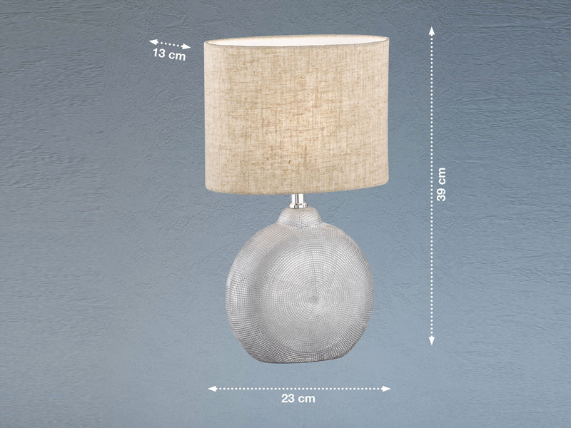 LED Tischlampe mit Keramikfuß Silber & Lampenschirm Leinen Beige, Höhe 39cm
