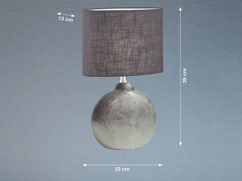 LED Tischlampe mit Keramikfuß Silber & Lampenschirm Leinen Anthrazit, Höhe 39cm