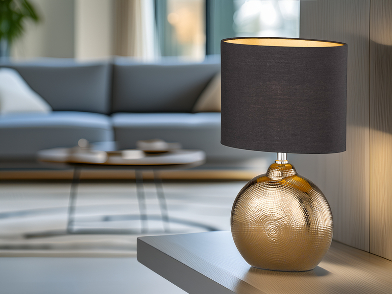 LED Tischlampe mit Keramikfuß Bronze Antik & Stoffschirm Schwarz Gold, Höhe 39cm