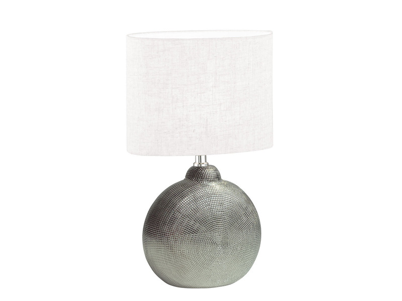 LED Tischlampe mit Keramikfuß Silber & Lampenschirm Leinen Weiß, Höhe 39cm