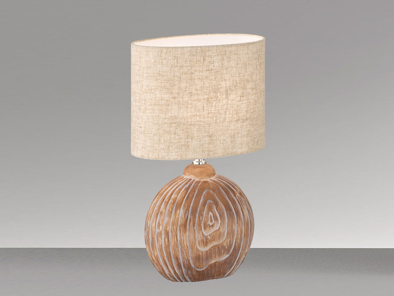 LED Tischlampe mit Keramikfuß Holzfarben & Lampenschirm Leinen Beige, Höhe 39cm
