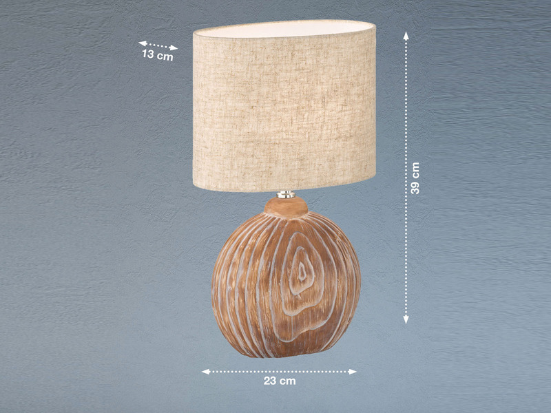 LED Tischlampe mit Keramikfuß Holzfarben & Lampenschirm Leinen Beige, Höhe 39cm