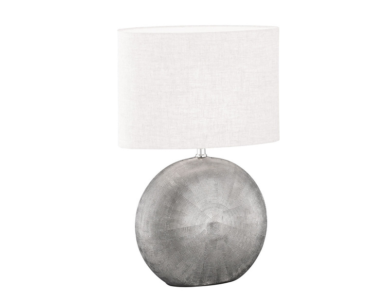 LED Tischlampe mit Keramikfuß Silber & Lampenschirm Leinen Weiß, 53cm groß