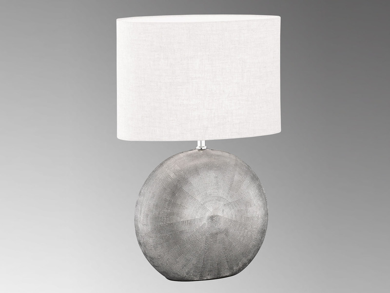 LED Tischlampe mit Keramikfuß Silber & Lampenschirm Leinen Weiß, 53cm groß