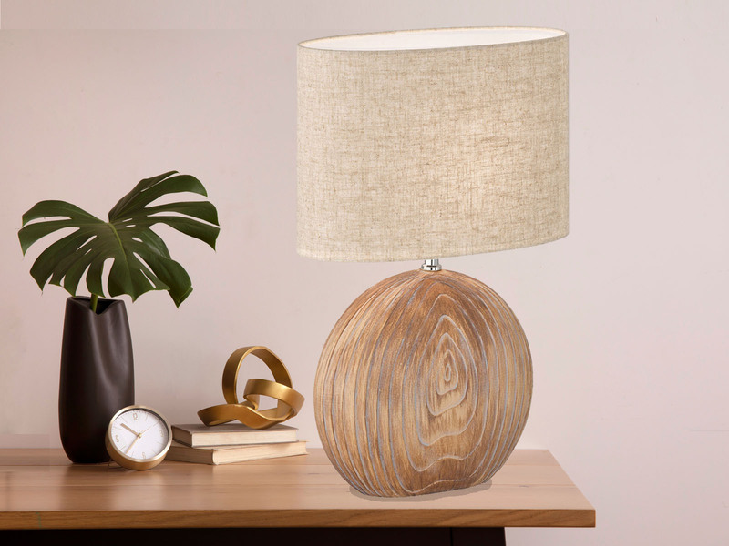 LED Tischlampe mit Keramikfuß Holzfarben & Lampenschirm Leinen Beige, 53cm groß