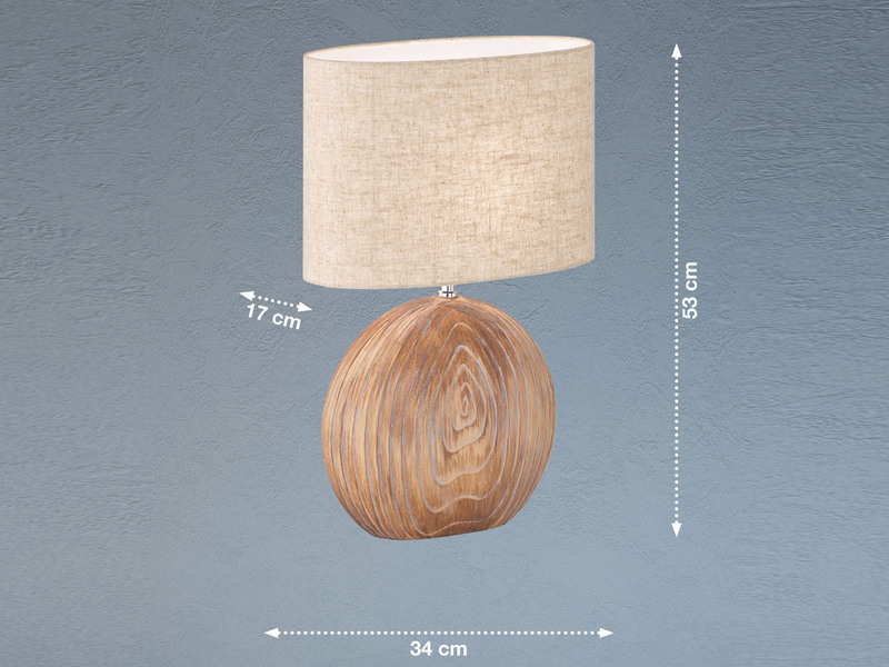 LED Tischlampe mit Keramikfuß Holzfarben & Lampenschirm Leinen Beige, 53cm groß