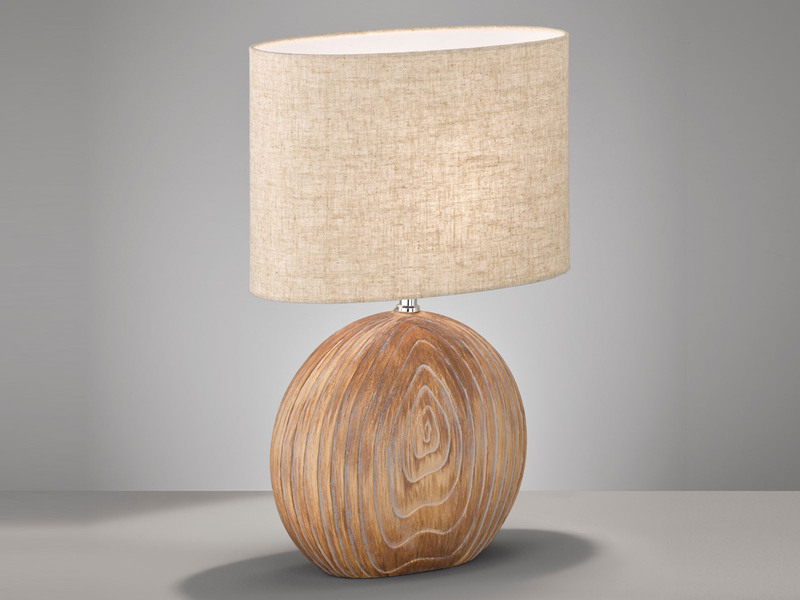 LED Tischlampe mit Keramikfuß Holzfarben & Lampenschirm Leinen Beige, Höhe 53cm