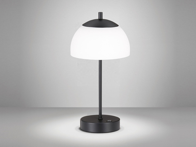 Kabellose Akku Tischleuchte RIVA Schwarz / Opalglas dimmbar, Höhe 35cm