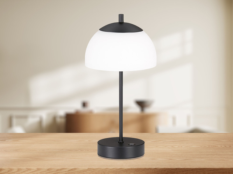 Kabellose Akku Tischleuchte RIVA Schwarz / Opalglas dimmbar, Höhe 35cm