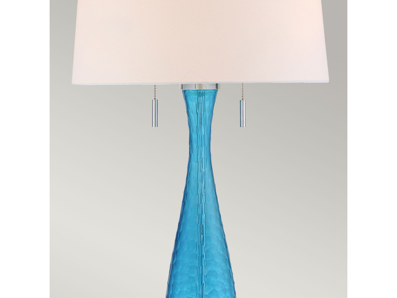 Große LED Tischleuchte mit blauem Glasfuß und Stoffschirm in Weiß, Höhe 85cm