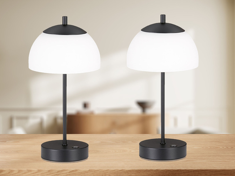 2er SET kabellose Tischlampen Schwarz / Opalglas dimmbar, Höhe 35cm