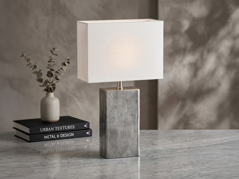 Große Tischlampe AMIENS Metall Silber Antik, Stoffschirm Weiß, Höhe 50cm