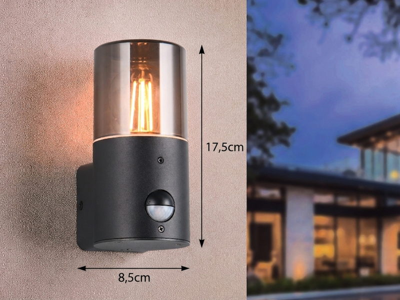 LED Außenwandleuchte Schwarz & Rauchfarbig mit Bewegungsmelder, Höhe 17,5cm