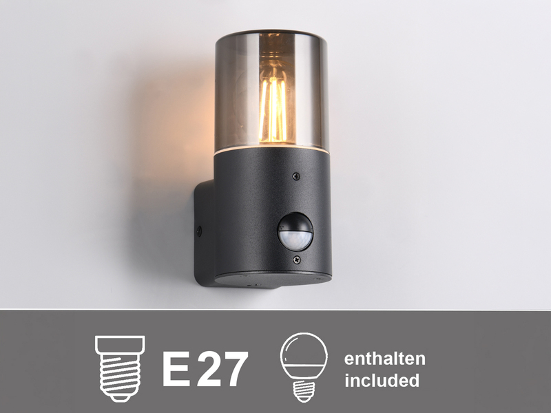 LED Außenwandleuchte Schwarz & Rauchfarbig mit Bewegungsmelder, Höhe 17,5cm