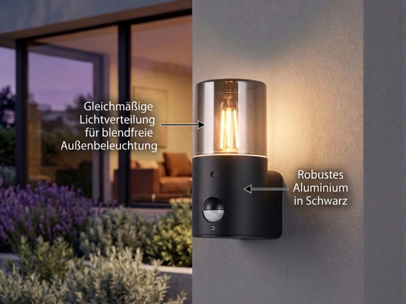 LED Außenwandleuchte Schwarz & Rauchfarbig mit Bewegungsmelder, Höhe 17,5cm