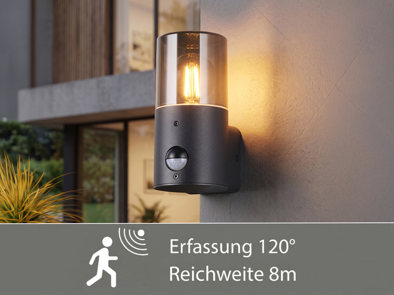 LED Außenwandleuchte Schwarz & Rauchfarbig mit Bewegungsmelder, Höhe 17,5cm