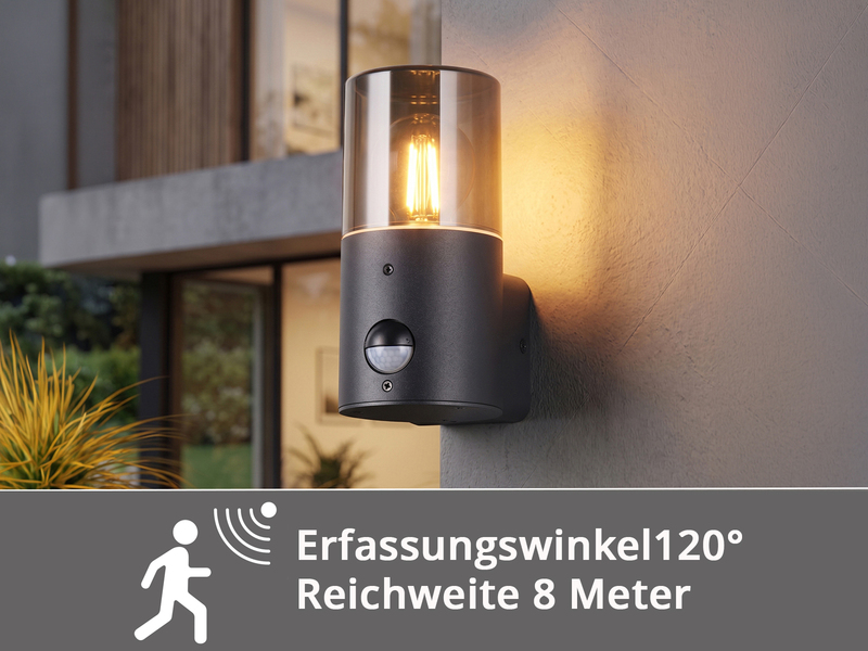 LED Außenwandleuchte Schwarz & Rauchfarbig mit Bewegungsmelder, Höhe 17,5cm