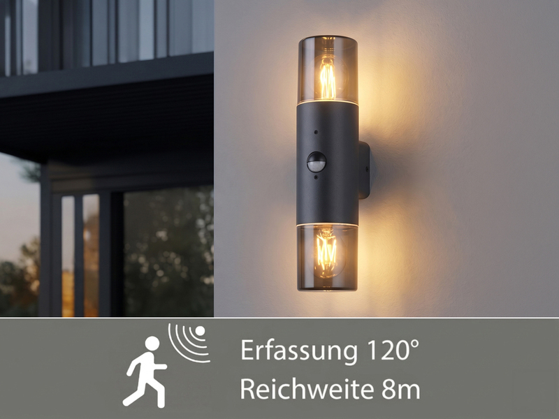 LED Außenwandleuchte Up & Down mit Bewegungsmelder, Rauchgrau Schwarz, Höhe 33cm