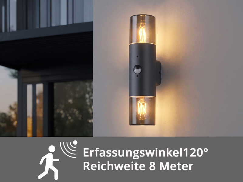 LED Außenwandleuchte Up & Down mit Bewegungsmelder, Rauchgrau Schwarz, Höhe 33cm