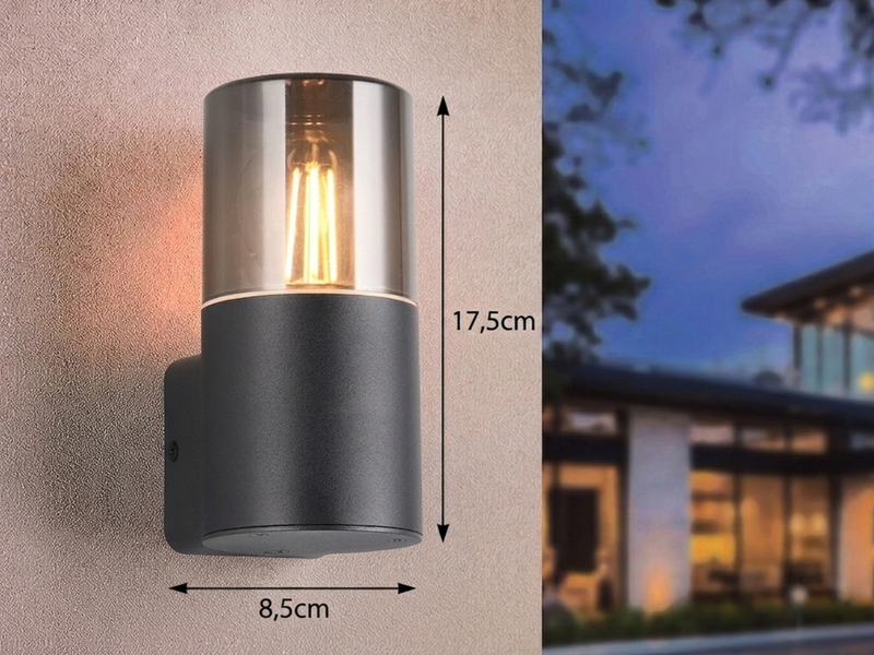 LED Außenwandleuchte Aluminium Schwarz & Rauchfarbig E27, Höhe 17,5cm