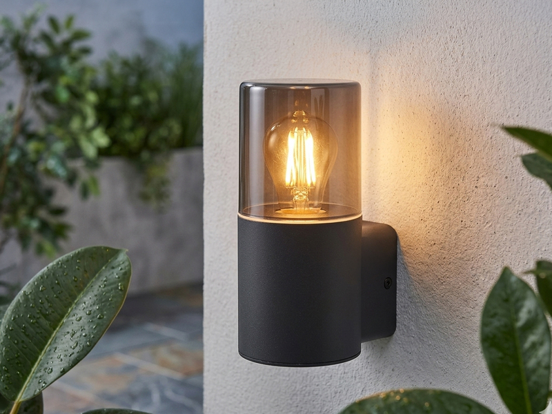 LED Außenwandleuchte Aluminium Schwarz & Rauchfarbig E27, Höhe 17,5cm