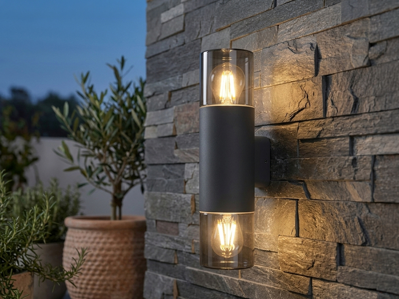 LED Außenwandleuchte Up and Down in Schwarz & Rauchfarbig E27, Höhe 33cm
