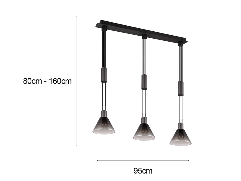 Höhenverstellbare Pendelleuchte STANLEY 3-flammig mit Rauchglas Schirmen B: 95cm