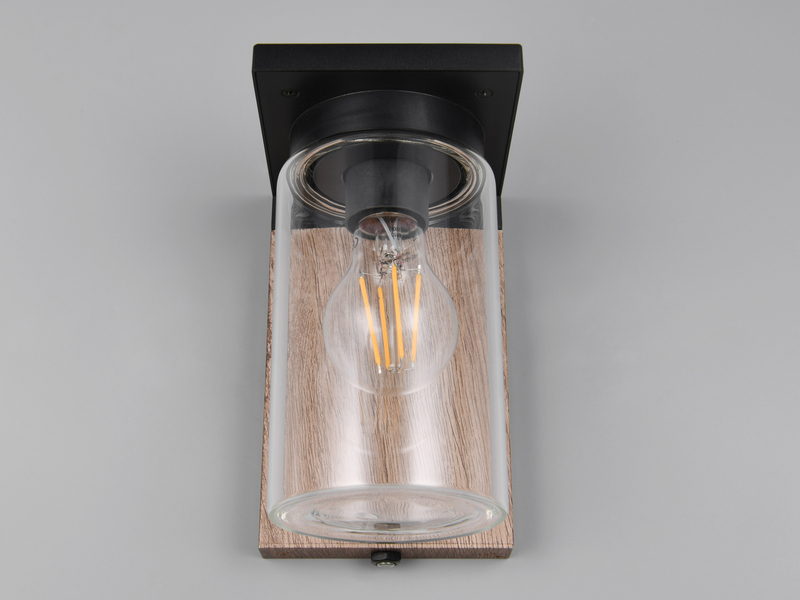 Außenwandleuchte ARDILA Holzoptik mit E27 Glas Lampenschirm, Höhe 19cm