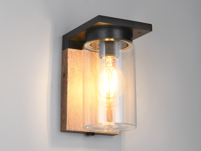 Außenwandleuchte ARDILA Holzoptik mit E27 Glas Lampenschirm, Höhe 19cm