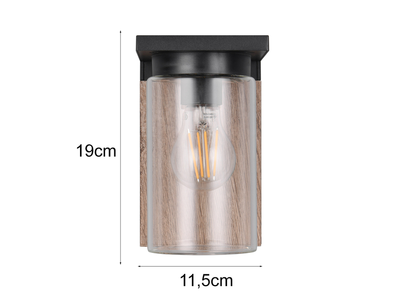 Außenwandleuchte ARDILA Holzoptik mit E27 Glas Lampenschirm, Höhe 19cm