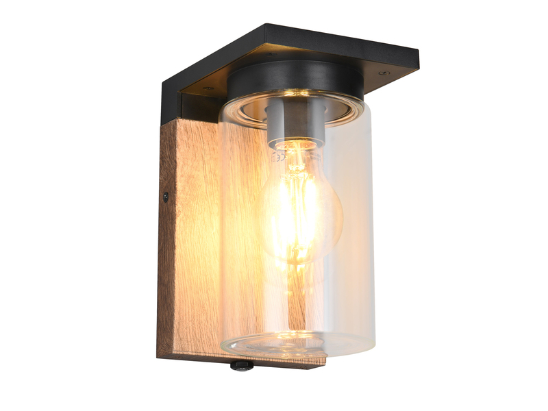 Außenwandleuchte ARDILA Holzoptik mit E27 Glas Lampenschirm, Höhe 19cm