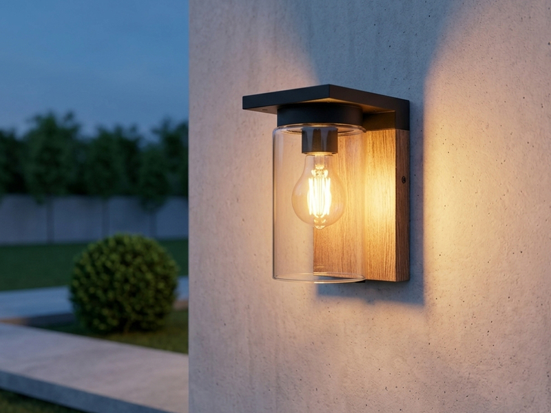 Außenwandleuchte ARDILA Holzoptik mit E27 Glas Lampenschirm, Höhe 19cm
