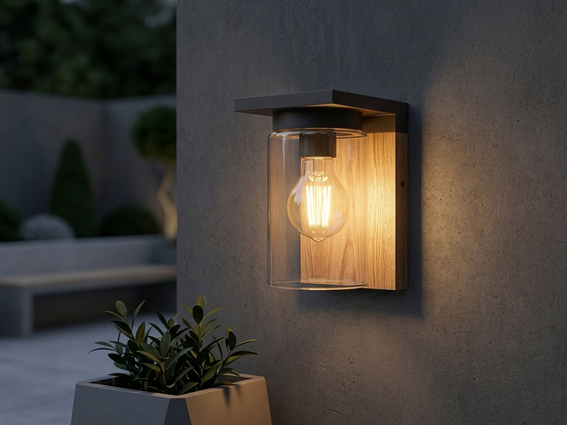 Außenwandleuchte ARDILA Holzoptik mit E27 Glas Lampenschirm, Höhe 19cm