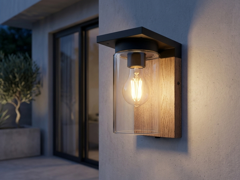 Außenwandleuchte ARDILA Holzoptik mit E27 Glas Lampenschirm, Höhe 19cm