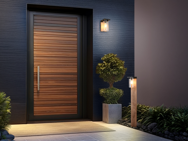 Wegeleuchte ARDILA aus Aluminium Holzoptik mit E27 Glasschirm, Höhe 100cm