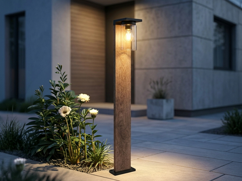 Wegeleuchte ARDILA aus Aluminium Holzoptik mit E27 Glasschirm, Höhe 100cm