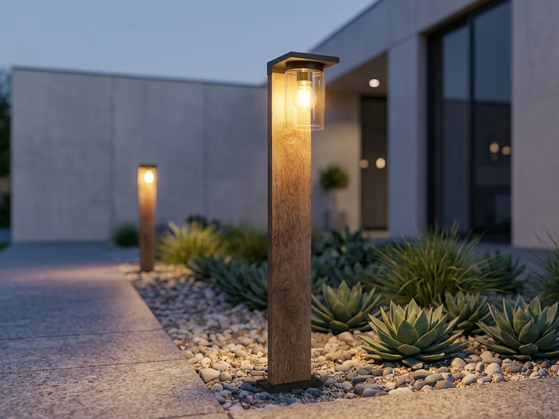 Wegeleuchte ARDILA aus Aluminium Holzoptik mit E27 Glasschirm, Höhe 100cm