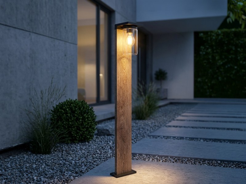 Wegeleuchte ARDILA aus Aluminium Holzoptik mit E27 Glasschirm, Höhe 100cm