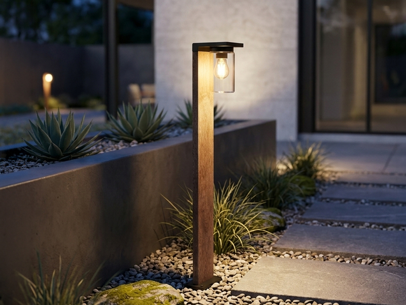 Wegeleuchte ARDILA aus Aluminium Holzoptik mit E27 Glasschirm, Höhe 100cm