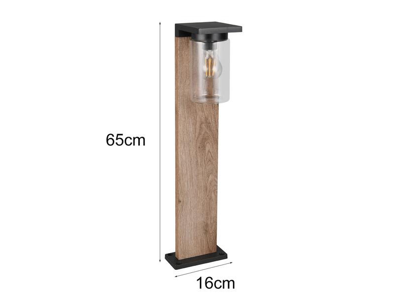 Wegeleuchte ARDILA aus Aluminium Holzoptik mit E27 Glasschirm, Höhe 65cm