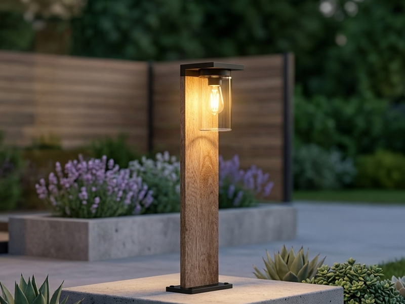 Wegeleuchte ARDILA aus Aluminium Holzoptik mit E27 Glasschirm, Höhe 65cm