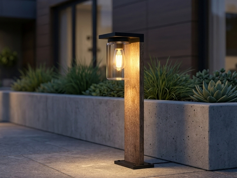Wegeleuchte ARDILA aus Aluminium Holzoptik mit E27 Glasschirm, Höhe 65cm
