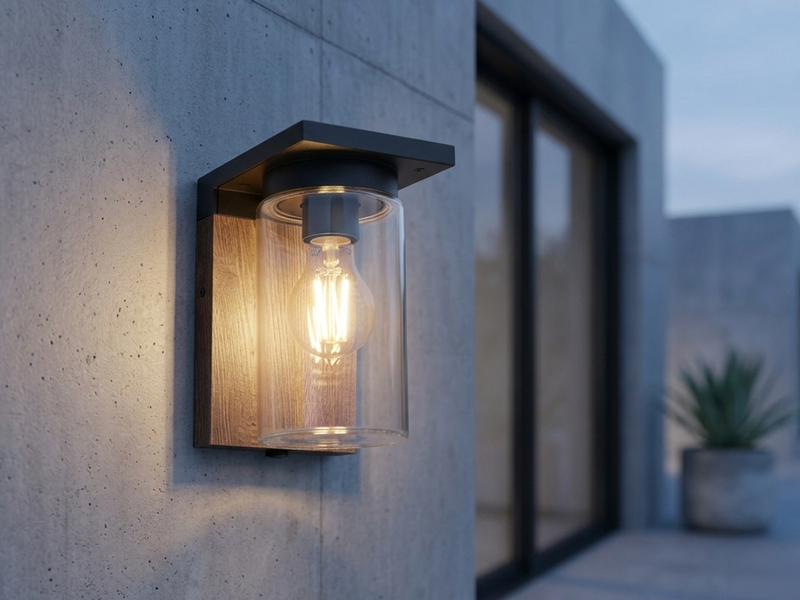 Außenwandleuchte Holzoptik mit E27 LED & Glas Lampenschirm, Höhe 19cm