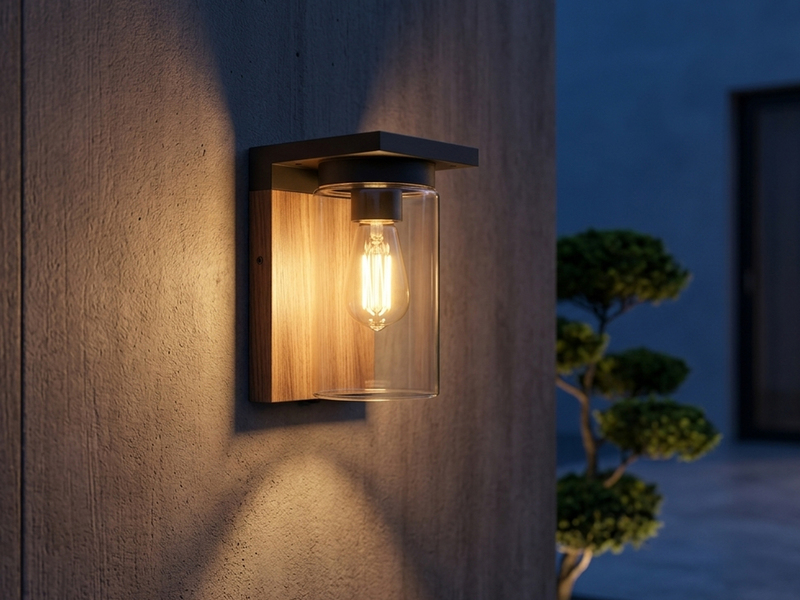 Außenwandleuchte Holzoptik mit E27 LED & Glas Lampenschirm, Höhe 19cm