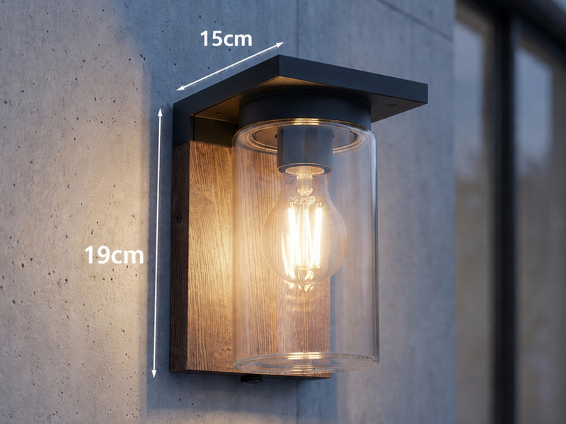 Außenwandleuchte Holzoptik mit E27 LED & Glas Lampenschirm, Höhe 19cm
