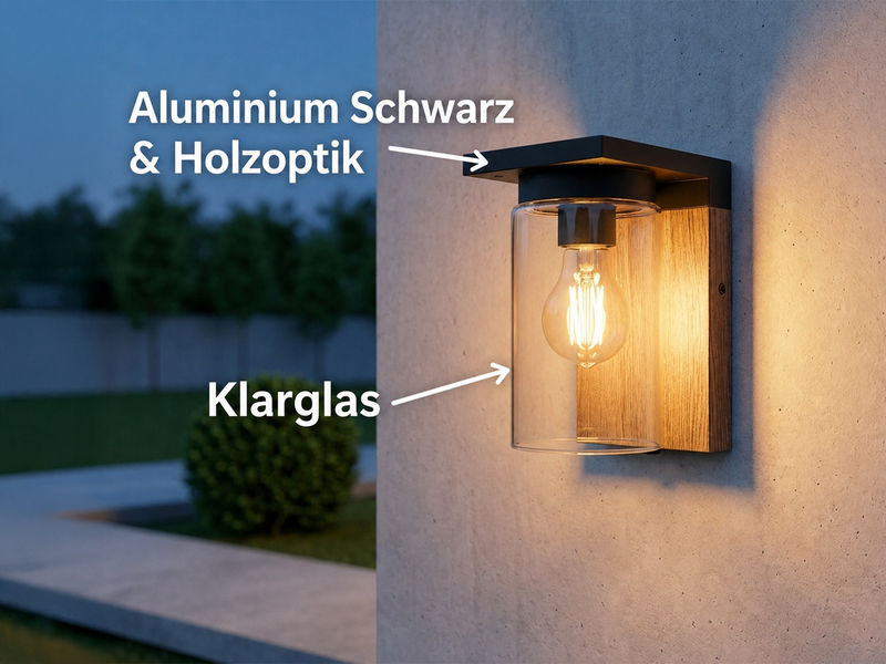 Außenwandleuchte Holzoptik mit E27 LED & Glas Lampenschirm, Höhe 19cm